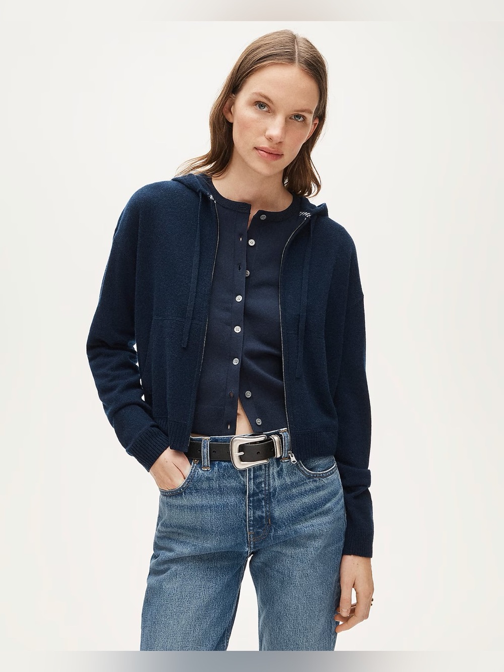 J.Crew Cashmere full-zip hoodie in navy
